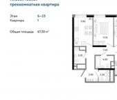 3-комн, 68 кв м, этаж 10/25 Клубная улица, 13Б